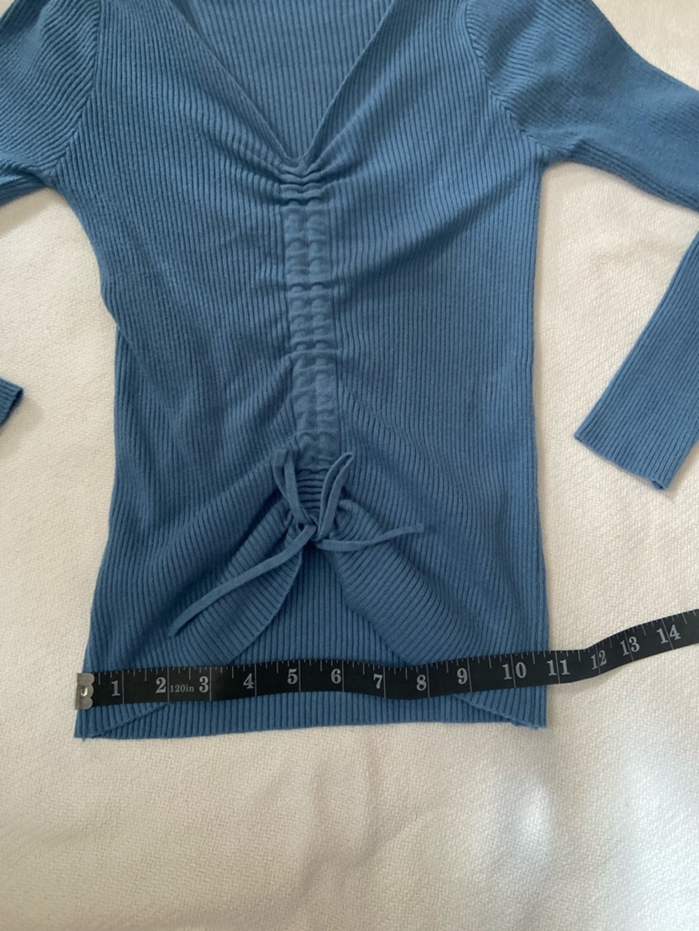 Blue Ribbed V-Neck Ruched Tie-Front Sweater - Picture 3 of 3